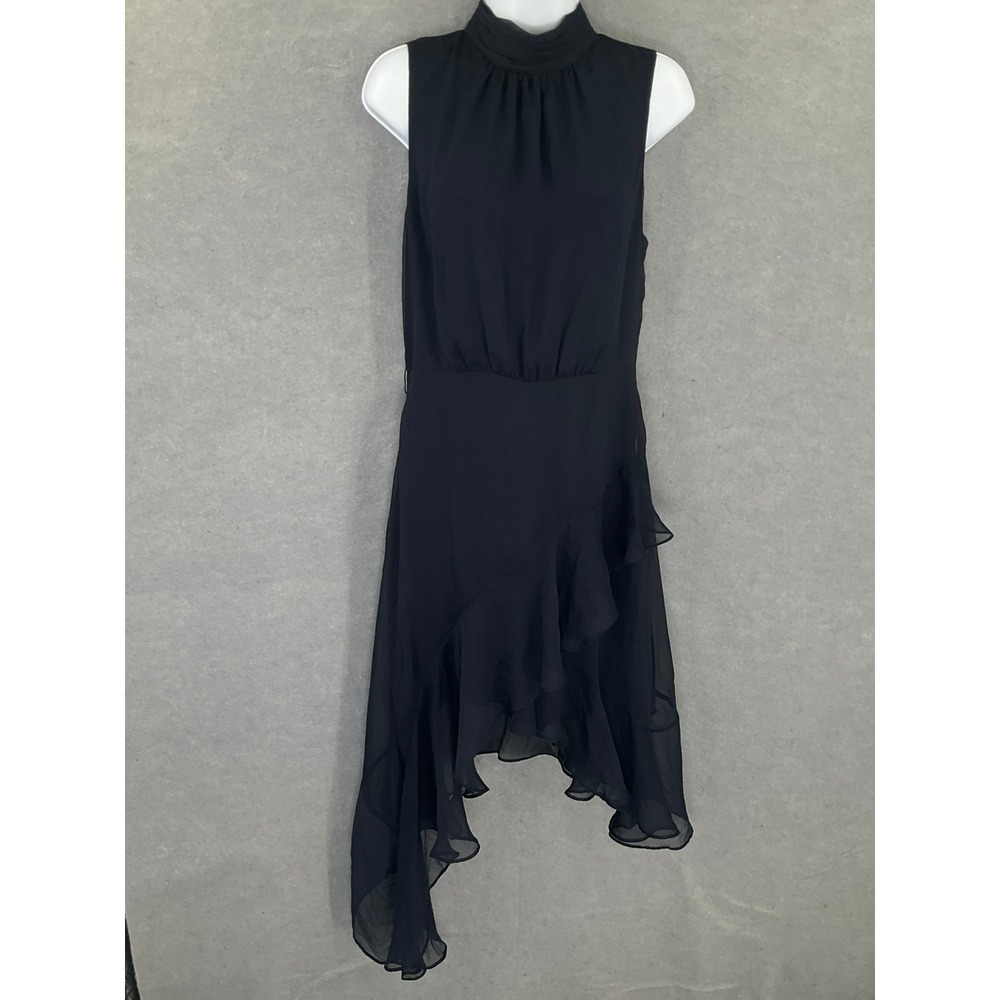 CeCe Dress Sz 8 Chiffon Black Mock Neck Sleeveless Ruffle Asymmetrical Hem
